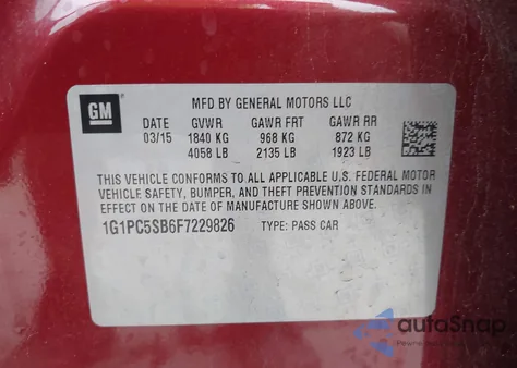 2015 Chevrolet Cruze Lt from USA, damaged, VIN 1G1PC5SB6F7229826